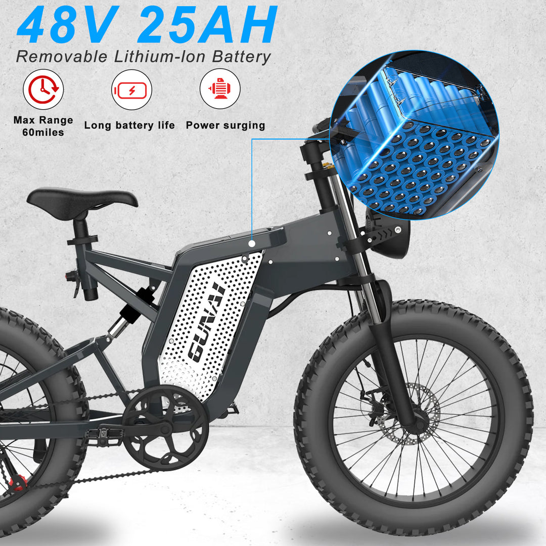 .GUNAI MX25 20" Off-road ElectricMountain Bike 1000W 48V 25AH2.GUNAIMX25 Off-Road ElectricBike 4x20 Inch Wide Tires forAdult Fat Tires 1000WBrushless Motor 48V 25AhBattery